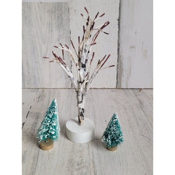 Village bare white tree pine snow mini set - Picture 1 of 8